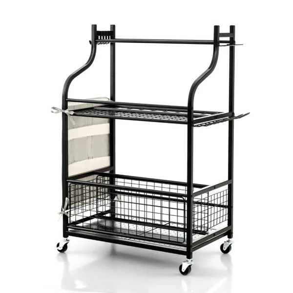 Organisateur d'Outils de Jardin avec Roulettes 6 Crochets et Sac de Rangement Chariot de Rangement d'Outils 66 x 40 x 102 cm Noir