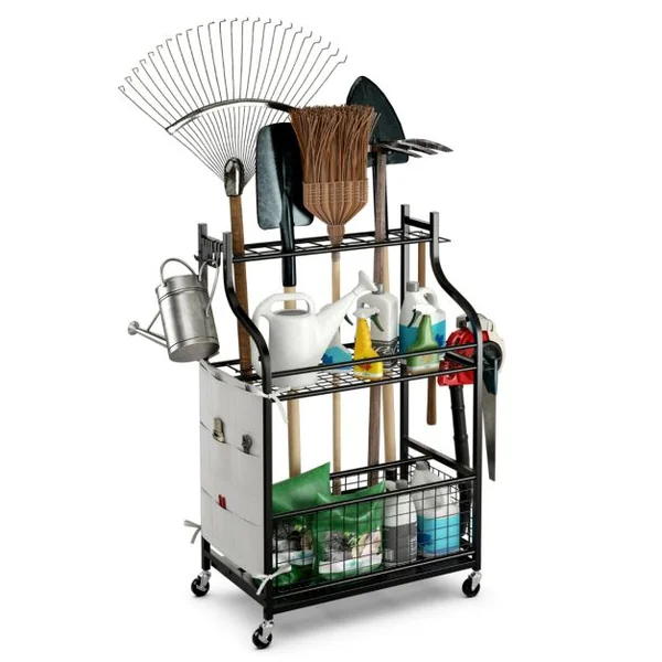 Organisateur d'Outils de Jardin avec Roulettes 6 Crochets et Sac de Rangement Chariot de Rangement d'Outils 66 x 40 x 102 cm Noir