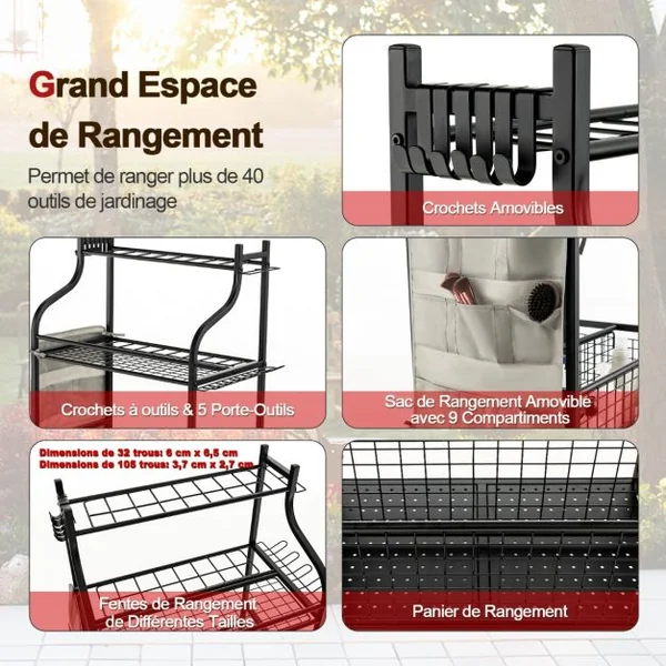Organisateur d'Outils de Jardin avec Roulettes 6 Crochets et Sac de Rangement Chariot de Rangement d'Outils 66 x 40 x 102 cm Noir