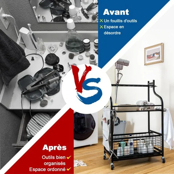 Organisateur d'Outils de Jardin avec Roulettes 6 Crochets et Sac de Rangement Chariot de Rangement d'Outils 66 x 40 x 102 cm Noir