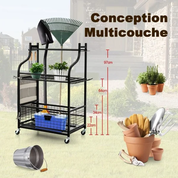 Organisateur d'Outils de Jardin avec Roulettes 6 Crochets et Sac de Rangement Chariot de Rangement d'Outils 66 x 40 x 102 cm Noir