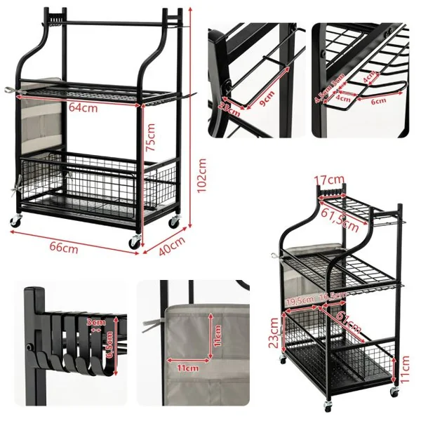 Organisateur d'Outils de Jardin avec Roulettes 6 Crochets et Sac de Rangement Chariot de Rangement d'Outils 66 x 40 x 102 cm Noir