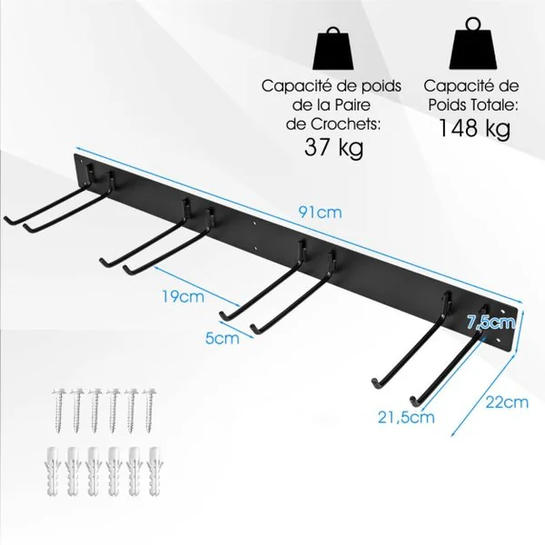 Organisateur d'Outils en Métal avec 8 Crochets Système de Rangement Mural de 91CM Charge Total 150KG pour Cuisine Garage Jardin Noir
