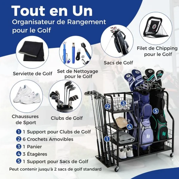 Organisateur d'Équipement Sportif avec Roues Amovibles Support de Rangement pour 2 Sacs de Golf avec Support Noir