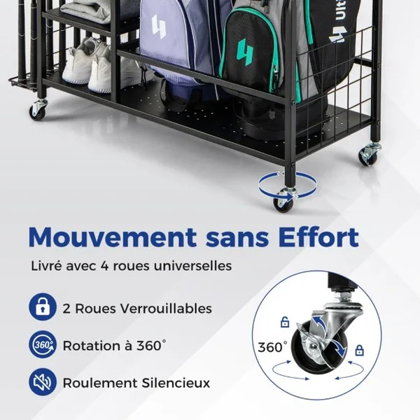 Organisateur d'Équipement Sportif avec Roues Amovibles Support de Rangement pour 2 Sacs de Golf avec Support Noir