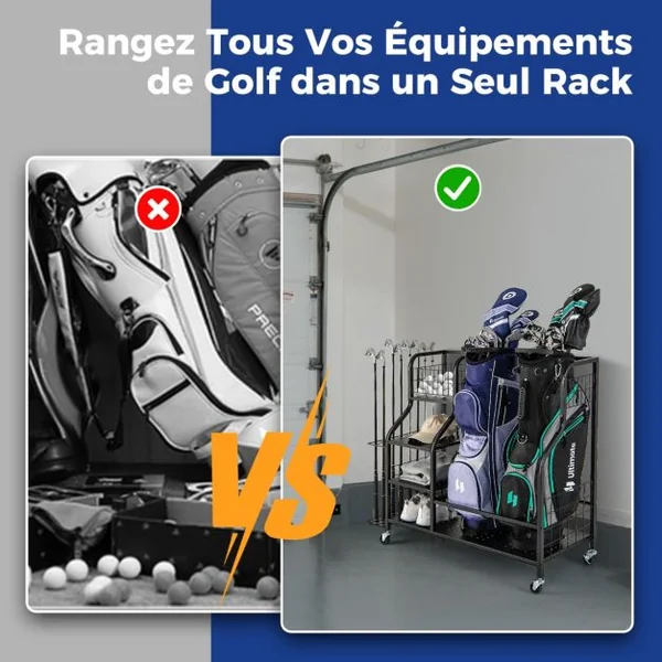 Organisateur d'Équipement Sportif avec Roues Amovibles Support de Rangement pour 2 Sacs de Golf avec Support Noir