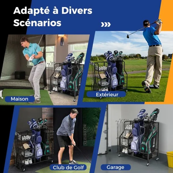 Organisateur d'Équipement Sportif avec Roues Amovibles Support de Rangement pour 2 Sacs de Golf avec Support Noir