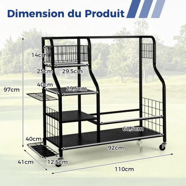Organisateur d'Équipement Sportif avec Roues Amovibles Support de Rangement pour 2 Sacs de Golf avec Support Noir