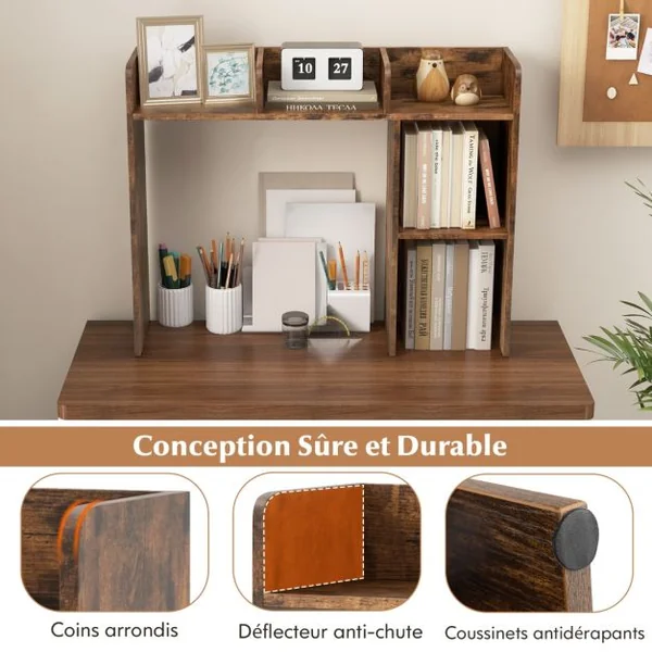 Organisateur Rangement de Bureau, 94x25x74 CM Étagère Bibliothèque à 3 Niveaux avec 2 Dispositifs Anti-renversement Naturel/Blanc/Café/Marron