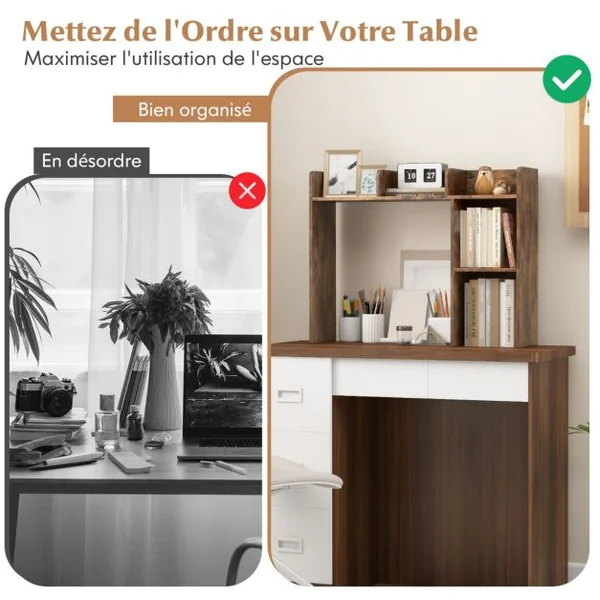 Organisateur Rangement de Bureau, 94x25x74 CM Étagère Bibliothèque à 3 Niveaux avec 2 Dispositifs Anti-renversement Naturel/Blanc/Café/Marron