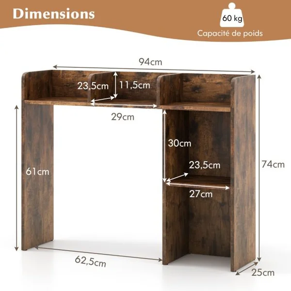 Organisateur Rangement de Bureau, 94x25x74 CM Étagère Bibliothèque à 3 Niveaux avec 2 Dispositifs Anti-renversement Naturel/Blanc/Café/Marron