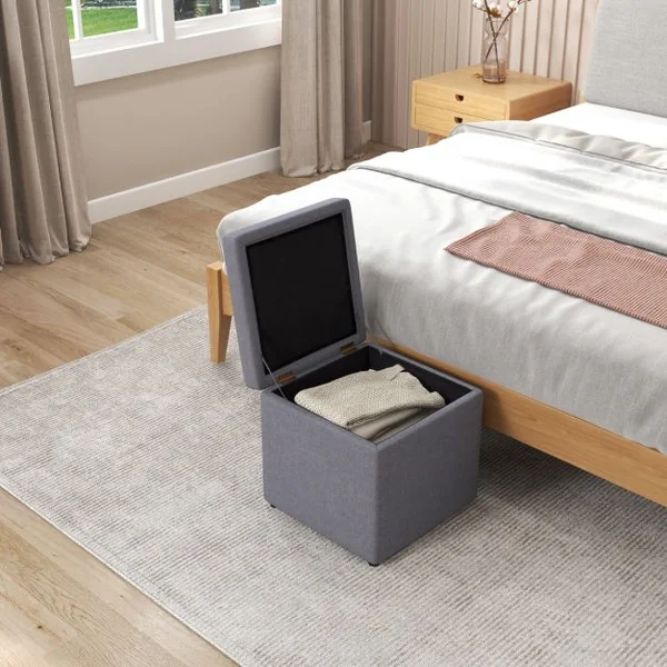 Ottoman de Rangement Carré Repose-pieds Rembourré en Tissu de Lin avec Couvercle Tabouret Rembourré Ottoman Cubique 40x40x40cm Gris