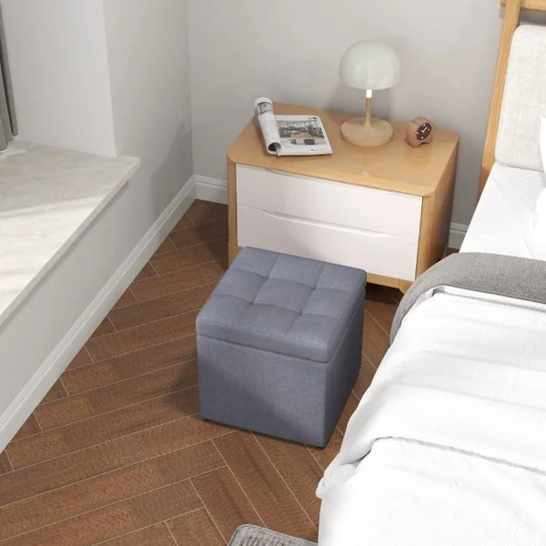 Ottoman de Rangement Carré Repose-pieds Rembourré en Tissu de Lin avec Couvercle Tabouret Rembourré Ottoman Cubique 40x40x40cm Gris