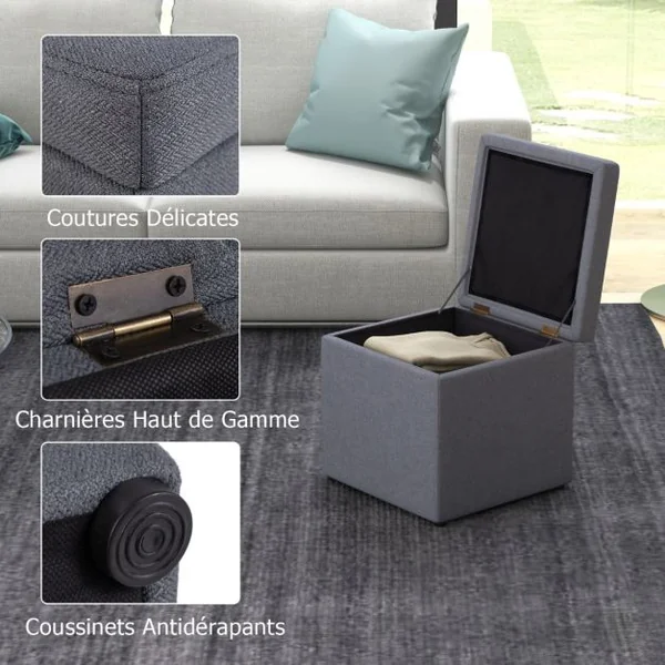 Ottoman de Rangement Carré Repose-pieds Rembourré en Tissu de Lin avec Couvercle Tabouret Rembourré Ottoman Cubique 40x40x40cm Gris