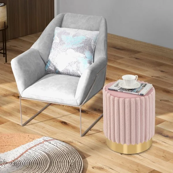 Ottoman Rond Moderne en Velours Repose-Pieds Rembourré avec Touffetage Vertical Décoratif et Base en Métal Tabouret de Coiffeuse Rose
