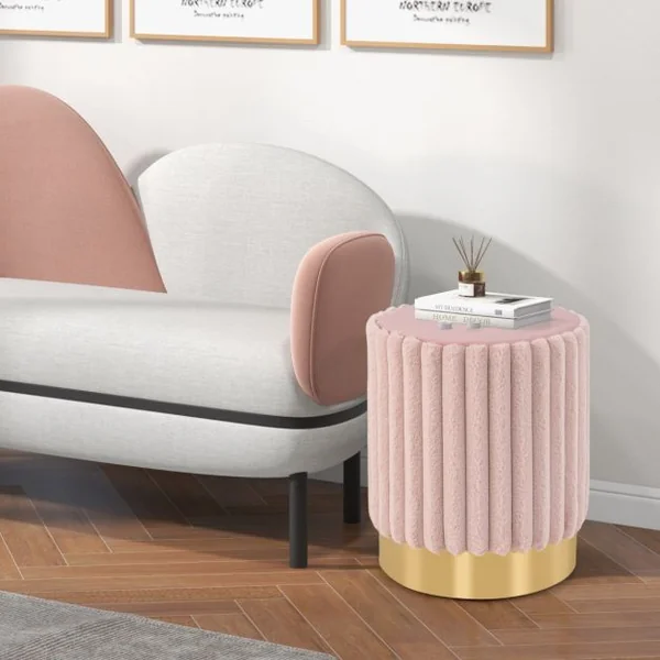 Ottoman Rond Moderne en Velours Repose-Pieds Rembourré avec Touffetage Vertical Décoratif et Base en Métal Tabouret de Coiffeuse Rose