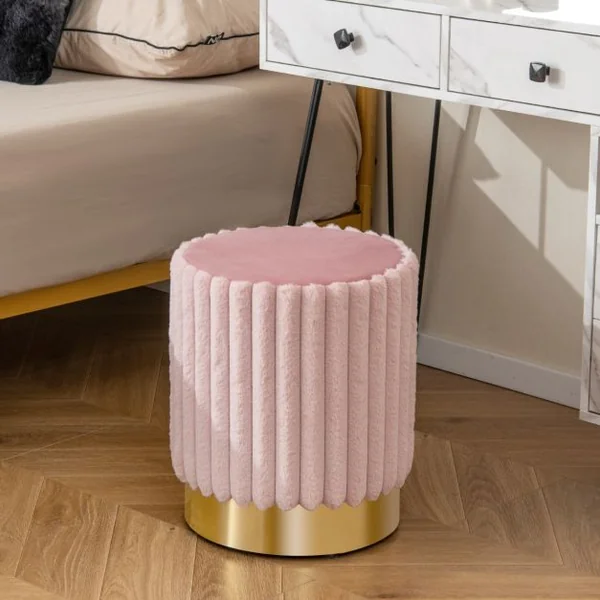 Ottoman Rond Moderne en Velours Repose-Pieds Rembourré avec Touffetage Vertical Décoratif et Base en Métal Tabouret de Coiffeuse Rose