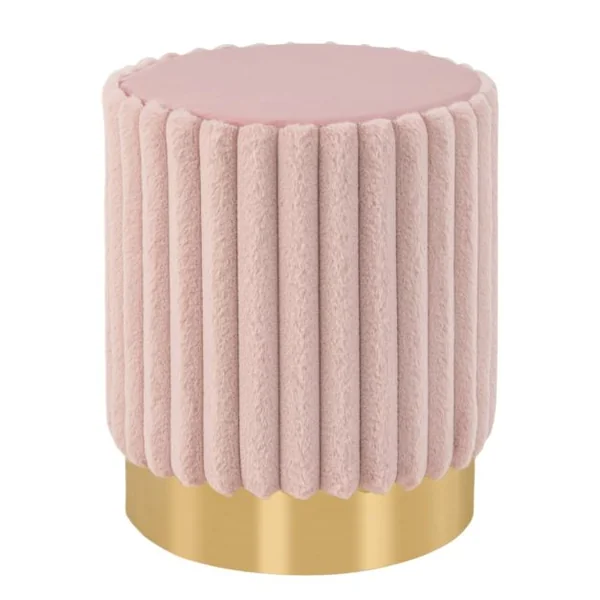 Ottoman Rond Moderne en Velours Repose-Pieds Rembourré avec Touffetage Vertical Décoratif et Base en Métal Tabouret de Coiffeuse Rose