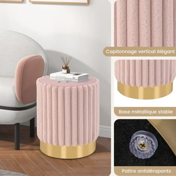 Ottoman Rond Moderne en Velours Repose-Pieds Rembourré avec Touffetage Vertical Décoratif et Base en Métal Tabouret de Coiffeuse Rose