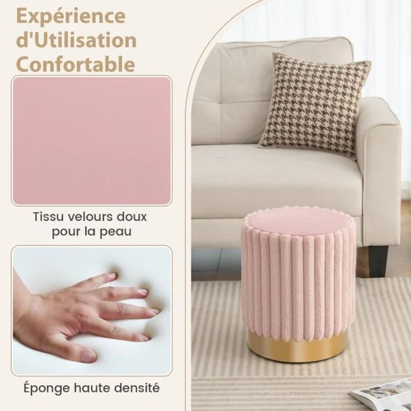 Ottoman Rond Moderne en Velours Repose-Pieds Rembourré avec Touffetage Vertical Décoratif et Base en Métal Tabouret de Coiffeuse Rose