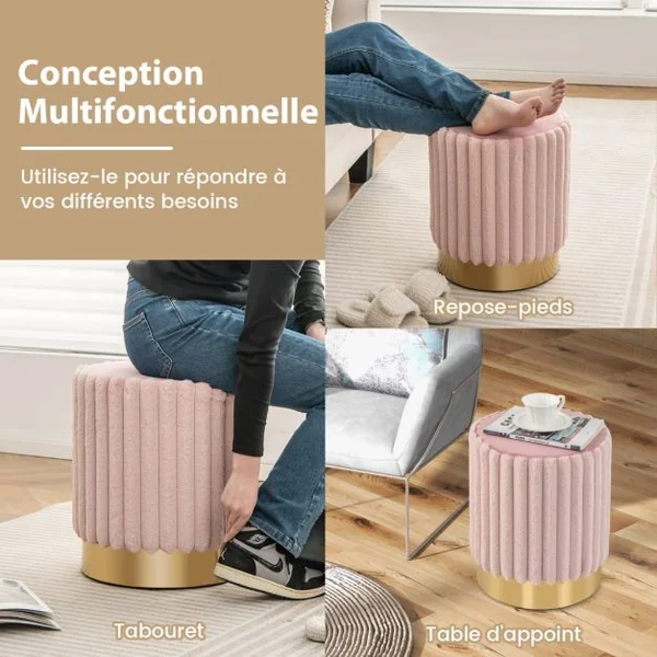 Ottoman Rond Moderne en Velours Repose-Pieds Rembourré avec Touffetage Vertical Décoratif et Base en Métal Tabouret de Coiffeuse Rose