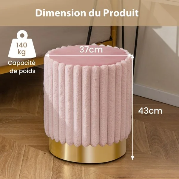 Ottoman Rond Moderne en Velours Repose-Pieds Rembourré avec Touffetage Vertical Décoratif et Base en Métal Tabouret de Coiffeuse Rose