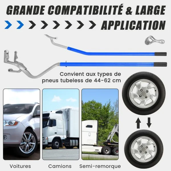 Outil de Démontage de Pneu de 44 cm à 62 cm avec Support de Talon en Acier Changeur de Pneu de Voiture sans Chambre à Air Bleu