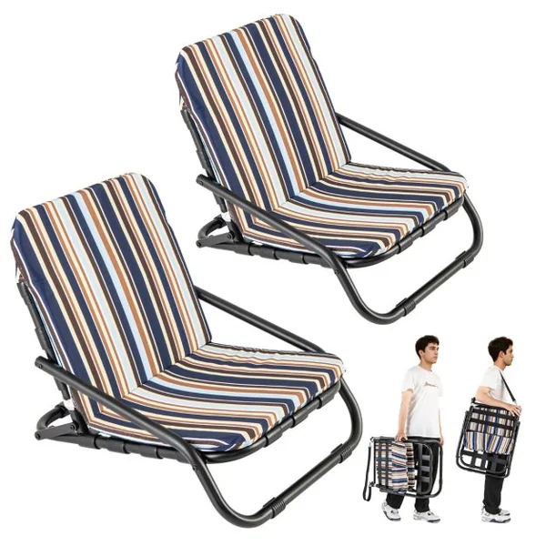Pack de 2 Chaises de Plage Basses Pliantes Chaises de Camping Légères et Portables avec Coussin Coton à Séchage Rapide 135 KG Bleu