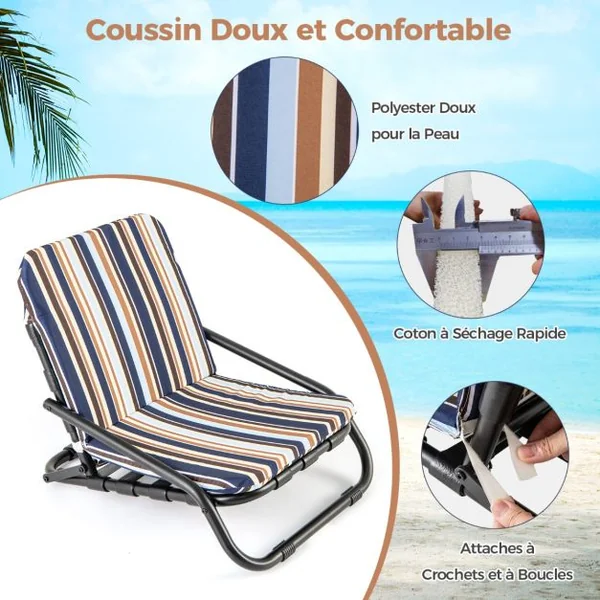 Pack de 2 Chaises de Plage Basses Pliantes Chaises de Camping Légères et Portables avec Coussin Coton à Séchage Rapide 135 KG Bleu