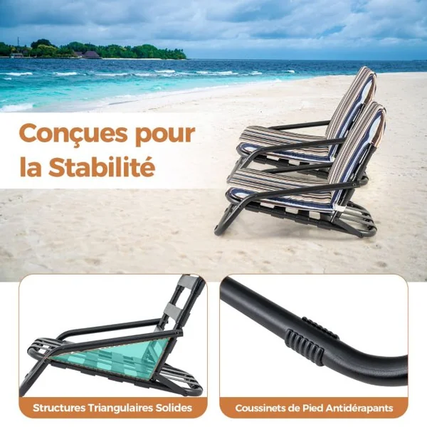 Pack de 2 Chaises de Plage Basses Pliantes Chaises de Camping Légères et Portables avec Coussin Coton à Séchage Rapide 135 KG Bleu