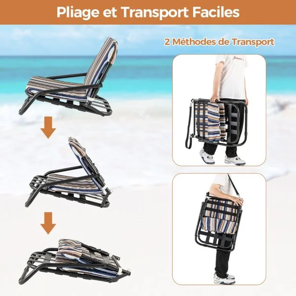 Pack de 2 Chaises de Plage Basses Pliantes Chaises de Camping Légères et Portables avec Coussin Coton à Séchage Rapide 135 KG Bleu