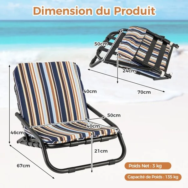 Pack de 2 Chaises de Plage Basses Pliantes Chaises de Camping Légères et Portables avec Coussin Coton à Séchage Rapide 135 KG Bleu