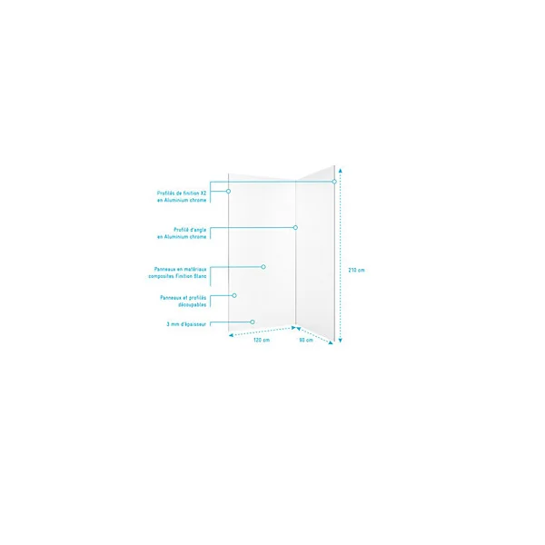 Pack de 2 panneaux muraux de salle de bains, blanc avec profilés chromés, l.120+90 x H.210 x P.0,3 cm, Galedo Alucolors