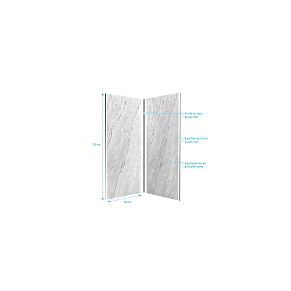 Pack de 2 panneaux muraux de salle de bains, blanc effet marbre avec profilés noirs, l.90+90 x H.210 x P.0,3 cm, Galedo Homestone