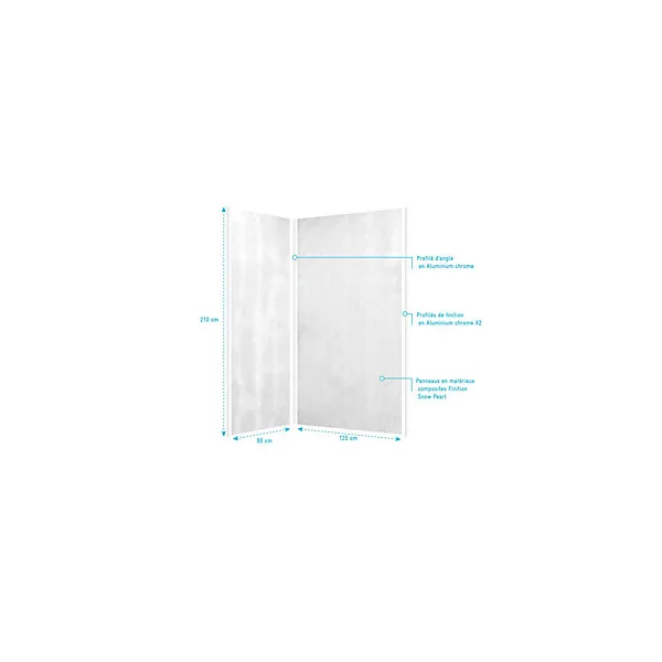 Pack de 2 panneaux muraux de salle de bains, blanc effet pierre avec profilés chromés, l.120+90 x H.210 x P.0,3 cm, Galedo Homestone