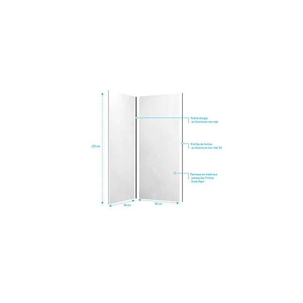 Pack de 2 panneaux muraux de salle de bains, blanc effet pierre avec profilés noirs, l.90+90 x H.210 x P.0,3 cm, Galedo Homestone