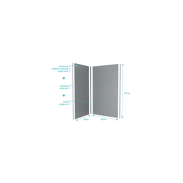 Pack de 2 panneaux muraux de salle de bains, gris avec profilés noirs, l.120+90 x H.210 x P.0,3 cm, Galedo Alucolors
