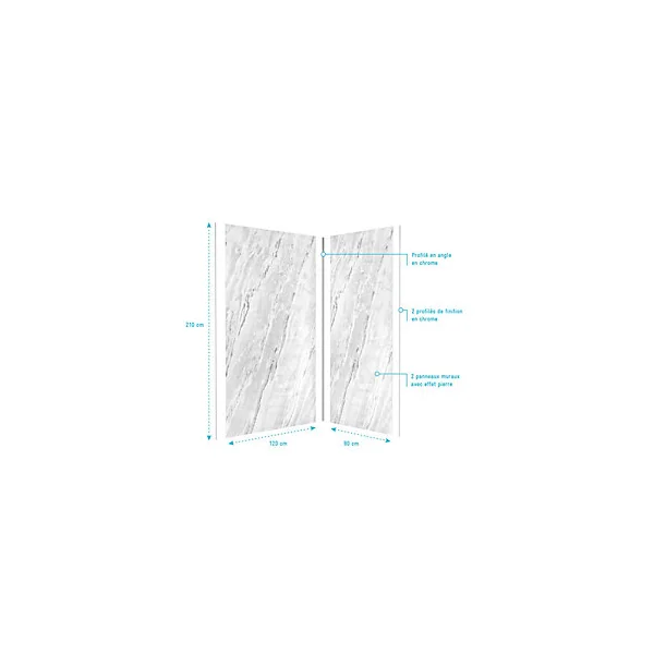 Pack de 2 panneaux muraux de salle de bains, gris effet marbre avec profilés chromés, l.120+90 x H.210 x P.0,3 cm, Galedo Homestone