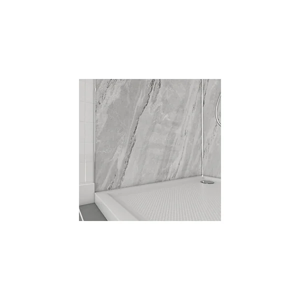 Pack de 2 panneaux muraux de salle de bains, gris effet marbre avec profilés chromés, l.90+90 x H.210 x P.0,3 cm, Galedo Homestone