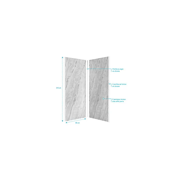 Pack de 2 panneaux muraux de salle de bains, gris effet marbre avec profilés chromés, l.90+90 x H.210 x P.0,3 cm, Galedo Homestone