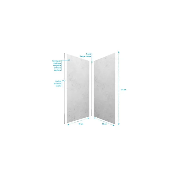 Pack de 2 panneaux muraux de salle de bains, gris effet pierre avec profilés chromés, l.90+90 x H.210 x P.0,3 cm, Galedo Homestone