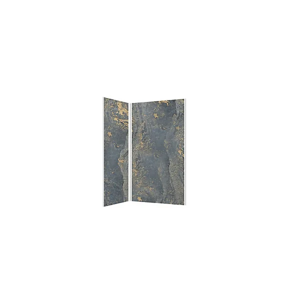 Pack de 2 panneaux muraux de salle de bains, gris et doré effet marbre avec profilés chromés, l.120+90 x H.210 x P.0,3 cm, Galedo Homestone