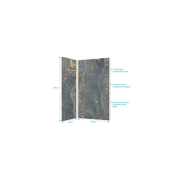 Pack de 2 panneaux muraux de salle de bains, gris et doré effet marbre avec profilés chromés, l.120+90 x H.210 x P.0,3 cm, Galedo Homestone