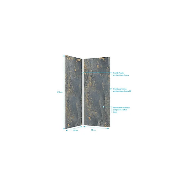 Pack de 2 panneaux muraux de salle de bains, gris et doré effet marbre avec profilés chromés, l.90+90 x H.210 x P.0,3 cm, Galedo Homestone