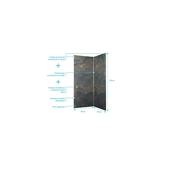 Pack de 2 panneaux muraux de salle de bains, gris et doré effet marbre avec profilés dorés, l.90+90 x H.210 x P.0,3 cm, Galedo Homestone
