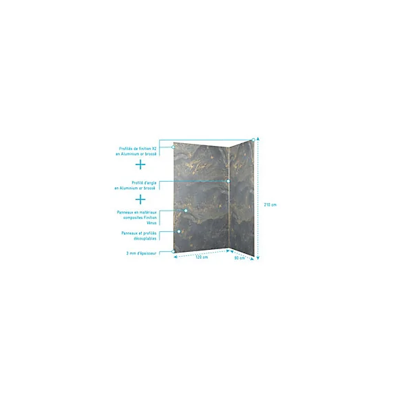 Pack de 2 panneaux muraux de salle de bains, gris et doré effet pierre avec profilés dorés, l.120+90 x H.210 x P.0,3 cm, Galedo Homestone