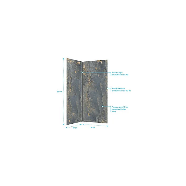 Pack de 2 panneaux muraux de salle de bains, gris et doré effet pierre avec profilés noirs, l.90+90 x H.210 x P.0,3 cm, Galedo Homestone
