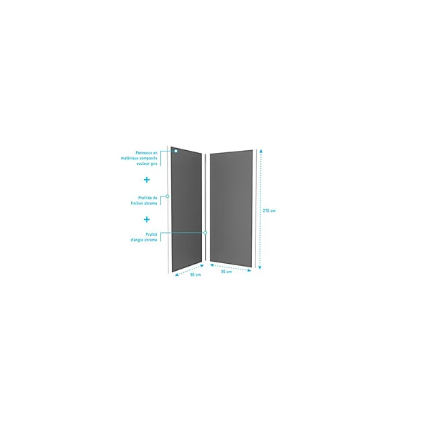 Pack de 2 panneaux muraux de salle de bains, gris foncé avec profilés chromés, l.90+90 x H.210 x P.0,3 cm, Galedo Alucolors
