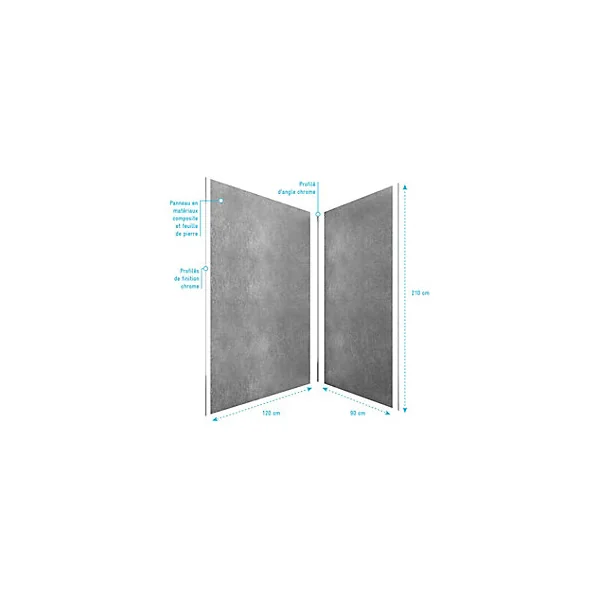 Pack de 2 panneaux muraux de salle de bains, gris foncé effet pierre avec profilés chromés, l.120+90 x H.210 x P.0,3 cm, Galedo Homestone
