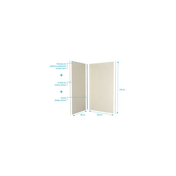 Pack de 2 panneaux muraux de salle de bains, ivoire avec profilés chromés, l.120+90 x H.210 x P.0,3 cm, Galedo Alucolors